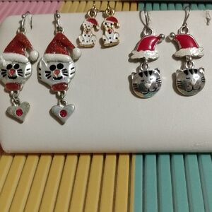 Vtg Painted Enamel Silver Red Cats Dalmations Dogs Santa Hat Xmas Earrings Lot